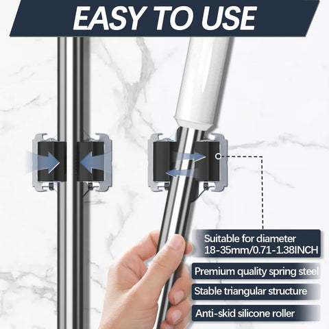 Close-up of Heavy Duty Mop And Broom Holder Wall Mount 10 Pack Organizer with grip mechanism and diameter fit details.