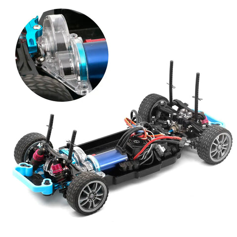 Transparent Spur Gear Covers For 1X10 RC Car TT02 installed on chassis, showing clear plastic gearbox and motor gear shield.