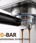 Compact Stainless Steel Espresso Maker With Auto Milk Frother And Steam Wand 20 Bar Pressure Quick Heating Coffee Machine, close-up of extraction process.