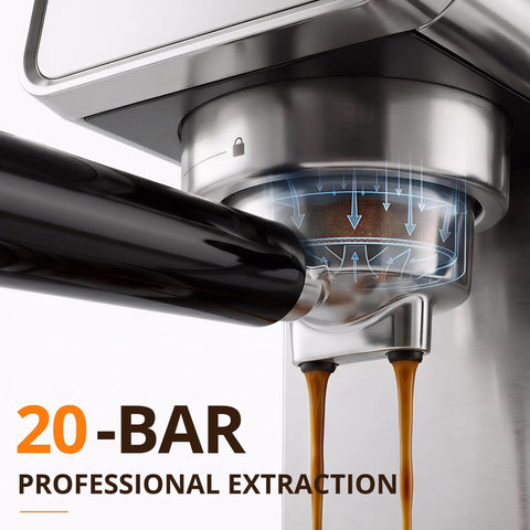 Compact Stainless Steel Espresso Maker With Auto Milk Frother And Steam Wand 20 Bar Pressure Quick Heating Coffee Machine, close-up of extraction process.