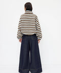 Back view of Cozy Fleece Stripe Stand Collar Drawstring Half Zip Oversized Sweatshirt Sky Blue Medium for everyday wear