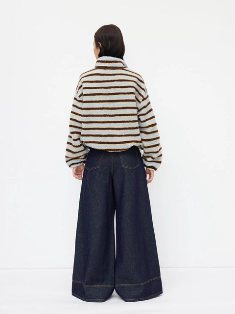 Back view of Cozy Fleece Stripe Stand Collar Drawstring Half Zip Oversized Sweatshirt Sky Blue Medium for everyday wear