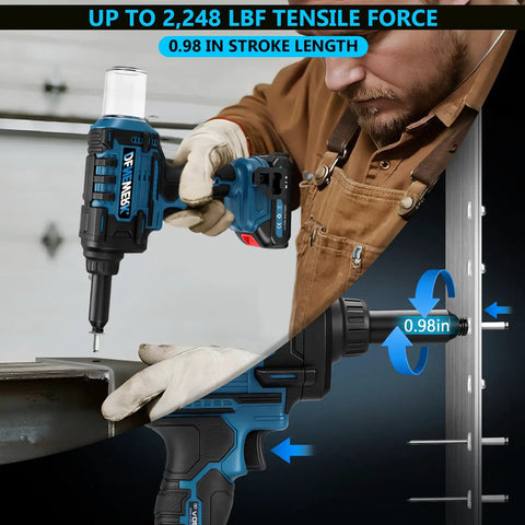 Powerful Cordless Rivet Gun Compatible With Makita 18V Battery, highlighting 0.98in stroke length and 2248 Lbf pull force.