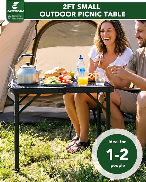 2 Foot Folding Table With Carry Handle For Camping And Outdoor Grill Table, Adjustable Height, Black Metal Mesh Surface
