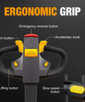 Built Tough Full Electric Pallet Truck Powers Through 5500 Lbs On The Regular With Side Standing Platform ergonomic grip controls