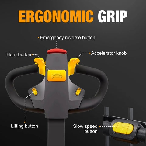 Built Tough Full Electric Pallet Truck Powers Through 5500 Lbs On The Regular With Side Standing Platform ergonomic grip controls