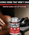 Top Grade Contact Cement Adhesive 4.16 Oz With Brush For Leather Wood Rubbers And Couch Fixes on a table beside black shoes.