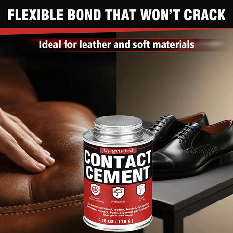 Top Grade Contact Cement Adhesive 4.16 Oz With Brush For Leather Wood Rubbers And Couch Fixes on a table beside black shoes.