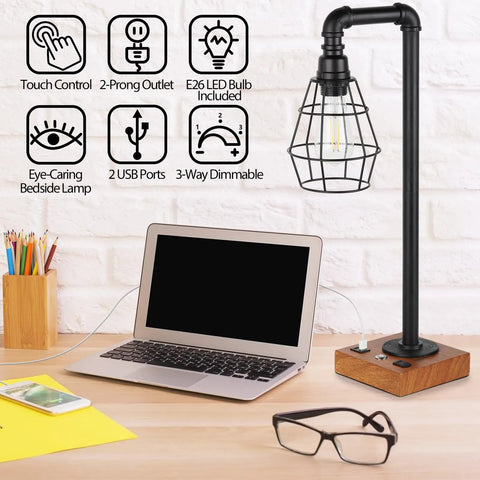 Industrial Desk Lamp With Bulb Included, 3-Way Dimmable, Edison Touch Control, on wooden desk with laptop, glasses, and notepad