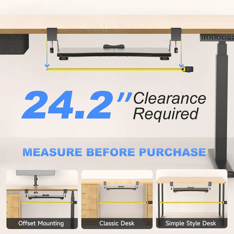 Under Desk Keyboard Tray With C Clamp Mount, Slide Out Keyboard And Mouse Platform, 20 Inch Wide By 11.8 Inch Deep, 24.2 Inches With Clamps, Black, Space Saving DSF1S, desk installation diagram with 24.2-inch clearance measurement.