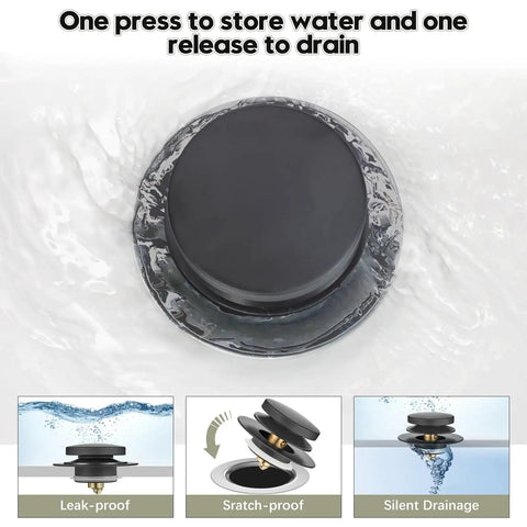 Hassle Free Snap Fit Universal Bathtub Drain Stopper, Pop Up Bath Plug With Matte Black Finish, in use blocking water.