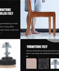 Close-up of 12 Piece Black Adjustable Furniture Levelers Set with threaded feet attached to wooden chair leg for stability.