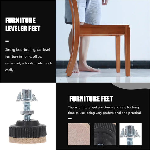 Close-up of 12 Piece Black Adjustable Furniture Levelers Set with threaded feet attached to wooden chair leg for stability.