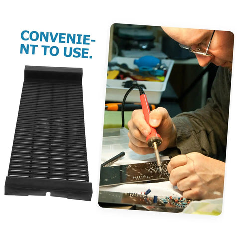 Anti Static Circuit Board Storage Rack And PCB Holder Stand For Safe Electronics Protection Essential Tool For Soldering And Repair Pro Grade Durable Slip Resistant PCB Display For DIY Tech Enthusiasts shown next to technician soldering a circuit board.