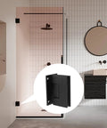 Two Pack 90 Degree Glass Shower Door Hinges For 8 To 12mm Tempered Glass, Built Tough Stainless Steel Frameless Shower Door Hardware Replacement, Black Finish, Rust Resistant And Easy Install in modern bathroom setting.