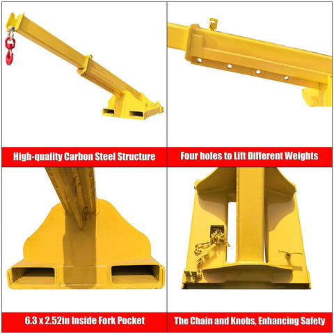 Heavy Hitter 4 Ton Telescopic Forklift Jib Boom Attachment With 8800 Lb Lift Capacity and Extendable Truss Arm detail view.