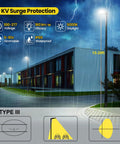 Led Parking Lot Light With Switchable 200W 180W 150W Output 5000K 32000lm illuminating stormy commercial area
