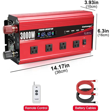 Beefy 3000W DC To AC Inverter With LCD Display And Remote Control 4 AC Outlets And 4 USB 3.1A Ports 12V To 110V 120V for off grid use