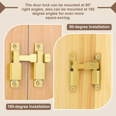 Two Pack 90 To 180 Degree Barn Door Lock Latches With Screws And Glue For Easy Install In Gold Tone for 90 and 180-degree installation.