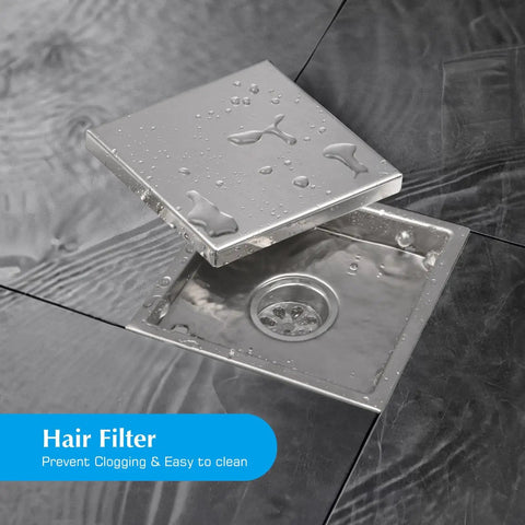 6 Inch Square Shower Drain Featuring Killer Flow Performance On Heavy Duty Stainless Steel with hair filter and water droplets
