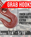 Heavy Duty Ratchet Chain Load Binder Two Pack Built Tough With Forged Grab Hooks On Both Ends Fits One Quarter To Five Sixteenths Inch Chain 2600 Lbs Working Load Limit Tie Down Gear, showing close-up of red forged grab hook with coating