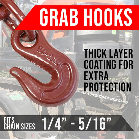 Heavy Duty Ratchet Chain Load Binder Two Pack Built Tough With Forged Grab Hooks On Both Ends Fits One Quarter To Five Sixteenths Inch Chain 2600 Lbs Working Load Limit Tie Down Gear, showing close-up of red forged grab hook with coating