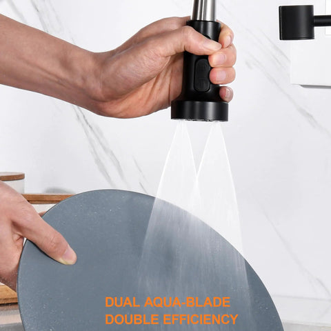 No Sweat Matte Black Kitchen Faucet Replacement Head With Solid 15 Piece Adapter Kit Pull Down Sink Sprayer Nozzle in use, dual aqua-blade flow.