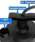 Top view of Half Horsepower Submersible Sump Pump 2450 GPH Water Transfer Pump Portable Electric For Hot Tubs Pools Basements Gardens Ponds And Tubs With 10 Foot Cord Do It All, showing power cord, handle, and NPT discharge port.