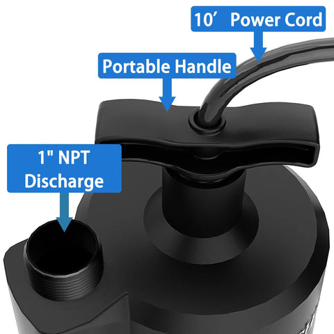 Top view of Half Horsepower Submersible Sump Pump 2450 GPH Water Transfer Pump Portable Electric For Hot Tubs Pools Basements Gardens Ponds And Tubs With 10 Foot Cord Do It All, showing power cord, handle, and NPT discharge port.