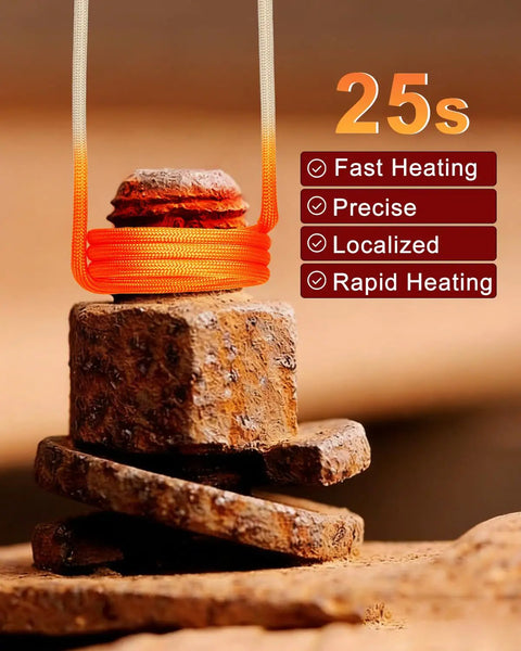 Kick Seized Bolts Loose With This 1300W Magnetic Induction Heater Featuring Five Quick Swap Coils For Lightning Fast Heating And Effortless Rusty Nut Extraction In Your Garage Or Workshop, displaying fast heating on a rusty bolt.