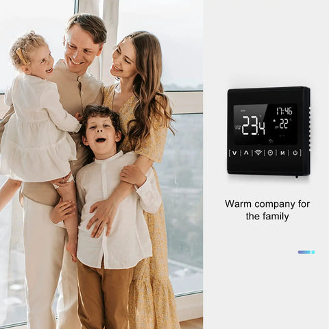 Smart Thermostat And Furnace Heating Controller With LCD Touch Screen For Underfloor Heating And Gas Stove WiFi Enabled Hassle Free Use 85V To 250V AC Precise Temperature Monitoring And Easy App Control, black wall unit