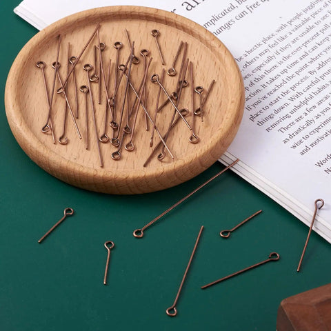 Red Copper Eye Pin Set 600 Pcs Open Eye Pins 21 Gauge In Four Lengths 18mm 30mm 40mm 50mm For Jewelry Making Earring Dangles Charms Findings And Head Pins For Easy Crafting, copper eye pins on wood tray