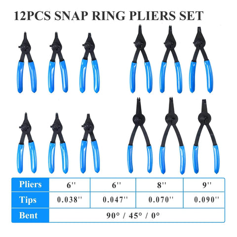 12 Piece Convertible Snap Ring Pliers Set For Internal And External Rings with sizes and angles shown, blue handles