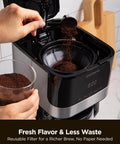 Filling coffee grounds into 10 Cup Drip Coffee Maker With 24 Hour Programmable Timer Glass Carafe And Reusable Mesh Filter Two Brew Strength Settings Easy To Use Eco Friendly Home Coffee Machine For Fresh Morning Brews.
