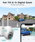 Solar Powered Wireless Outdoor Security Camera With AI Detection, 2K 360 Degree PTZ, digital zoom showing suburban street