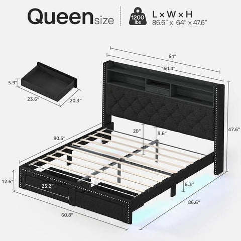 Dimensions of a Modern Queen Bed Frame With Hidden Storage Drawers Led Lights And Usb Charging Port Linen Upholstered Platform Base.