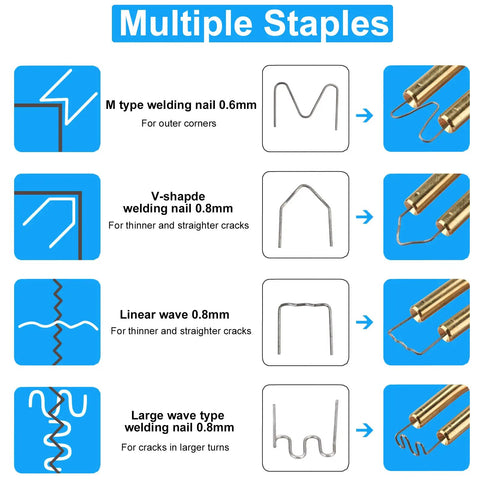 Ultimate Plastic Weld Kit For Bumper Repairs With Hot Stapler Welding Gun showing 6 types of staples for various crack repairs.