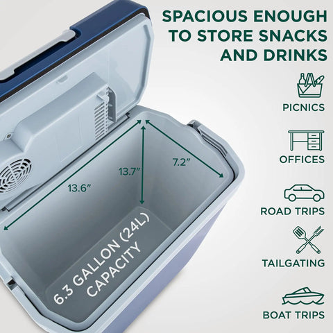 Open blue 24L thermoelectric cooler warmer displaying interior space measurements for 6.3-gallon capacity, suitable for road trips.
