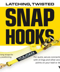 Complete Axle Strap Tie Down Kit With Snap Hook Ratchet Straps in yellow showing 96-inch strap with latching twisted snap hooks.