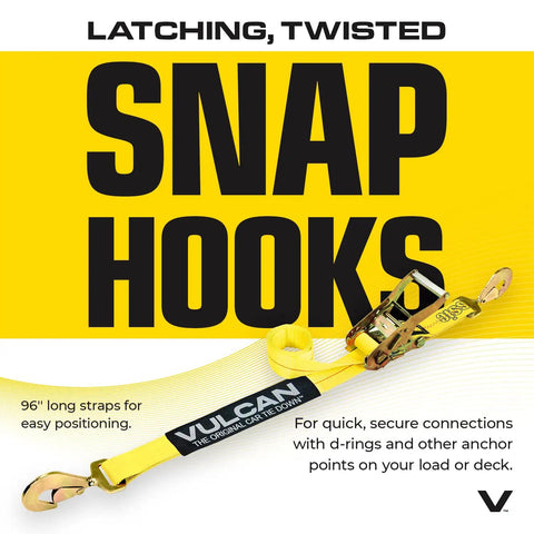 Complete Axle Strap Tie Down Kit With Snap Hook Ratchet Straps in yellow showing 96-inch strap with latching twisted snap hooks.