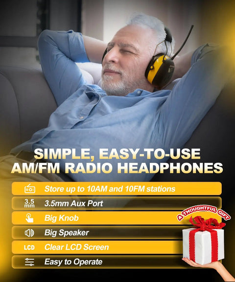 AM FM Radio Headphones With Digital Display, Noise Reduction Earmuffs, All Day Comfort Hearing Protection, Built In Radio Receiver, A Real Workhorse For Work Or Travel, Bright Yellow