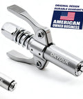 High Pressure Grease Gun Coupler For 10,000 PSI Systems, stainless steel design with American flag, close-up view.