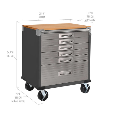 Heavy Duty Rolling Cabinet Workbench With Solid Wood Top, 6-Drawer Soft Close, Graphite Finish, Shop-Ready