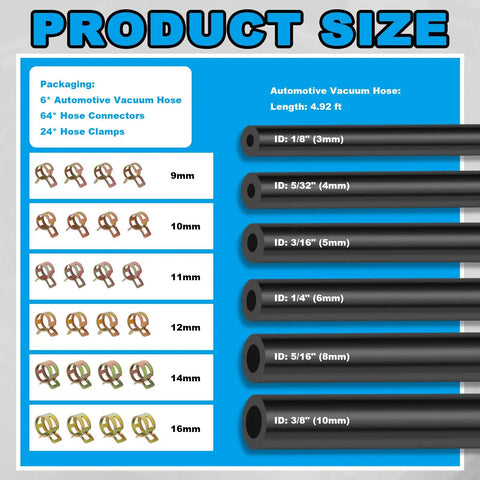 Six Piece Five Foot Silicone Vacuum Hose Kit With Six Sizes From One Eighth To Three Eighths Inch Includes Tee Straight Reducer