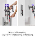 V11 Origin Cordless Vacuum Cleaner, No Cord Drama, With 185AW Suction, Three Power Modes shown docking and bin emptying.