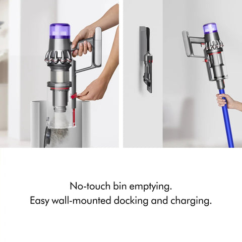 V11 Origin Cordless Vacuum Cleaner, No Cord Drama, With 185AW Suction, Three Power Modes shown docking and bin emptying.
