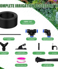 Complete drip irrigation kit with 100Ft 1/4 inch tubing, connectors, teflon tape, and accessories for garden use.