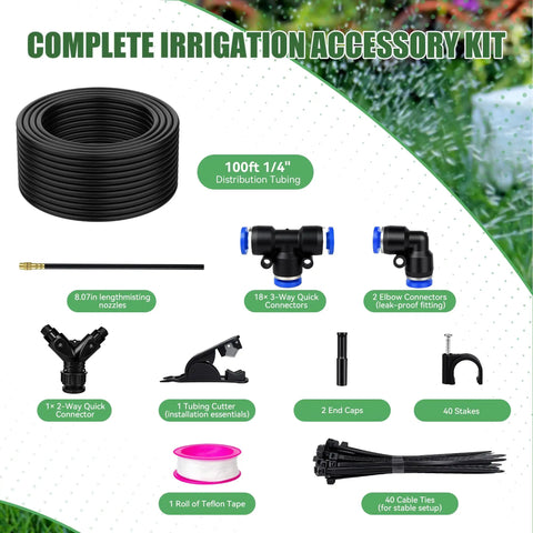 Complete drip irrigation kit with 100Ft 1/4 inch tubing, connectors, teflon tape, and accessories for garden use.