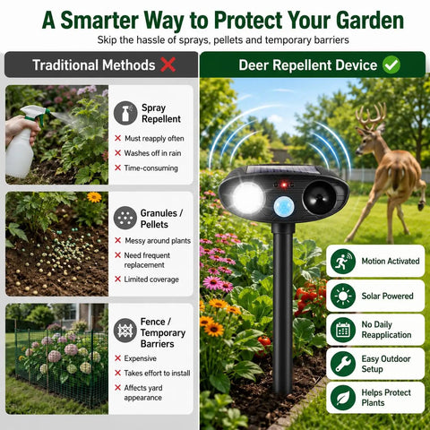 Deer Repellent Pack 4 With Solar Powered Ultrasonic Motion Sensor and LED Flashlight IP65 Waterproof Cat and Rabbit Deterrent in garden