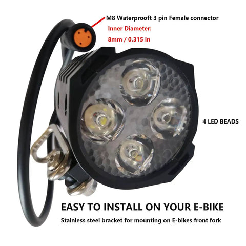 LED Headlight With Horn For Electric Bicycles And E Scooters Waterproof 3 Pin Female Connector 36V 48V Compatible 4 Beads High Output Front Light Replacement For Bike With 15 Inch Wire